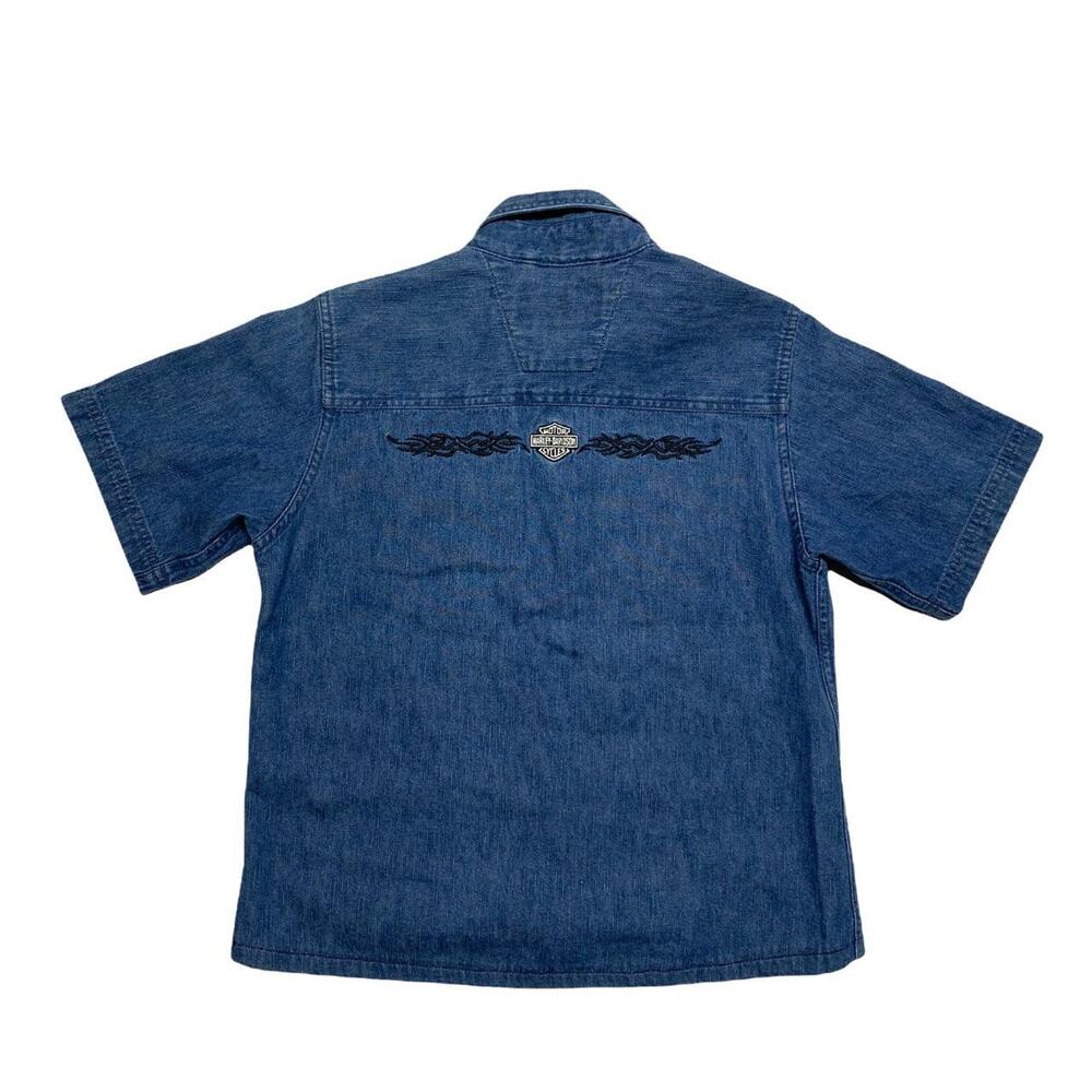 Harley Davidson Motorcycles Vintage 90s Womens Denim Short Sleeve Button Shirt S